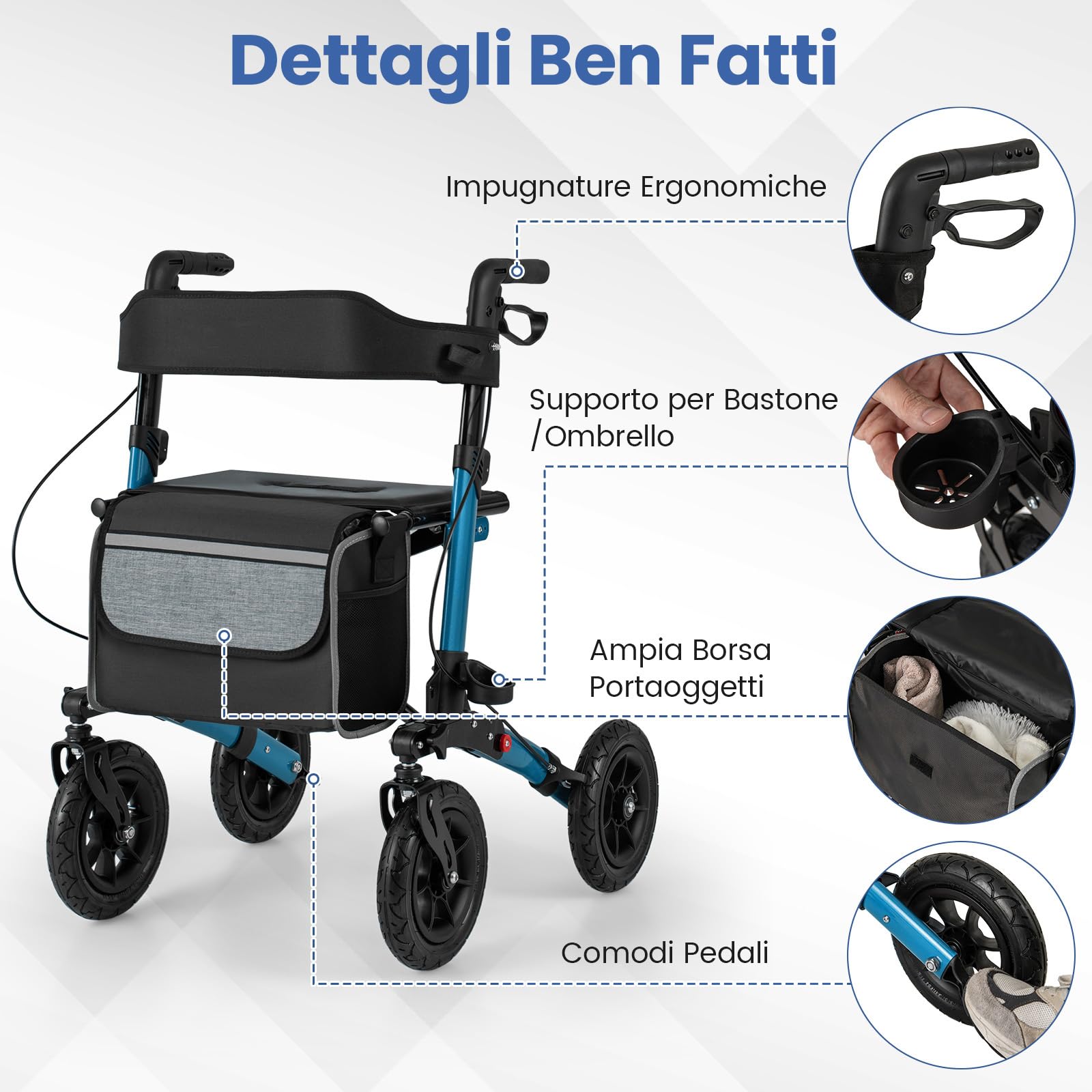 COSTWAY Deambulatore Pieghevole per Anziani in Alluminio, Rollator Regolabile in Altezza con Seduta, Schienale e Freni, Girello per Anziani con Borsetta, Carico Massimo 140 kg (Blu)