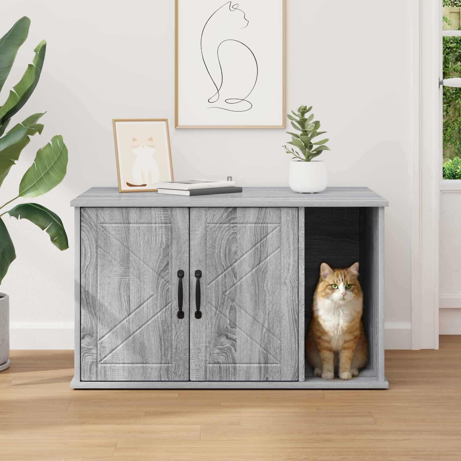 Casa rectangular para gatos gris Sonoma 85 x 55 x 50 cm de madera de ingeniería, diseño minimalista moderno para sala de estar, refugio cómodo para felino, incluye accesorios de montaje