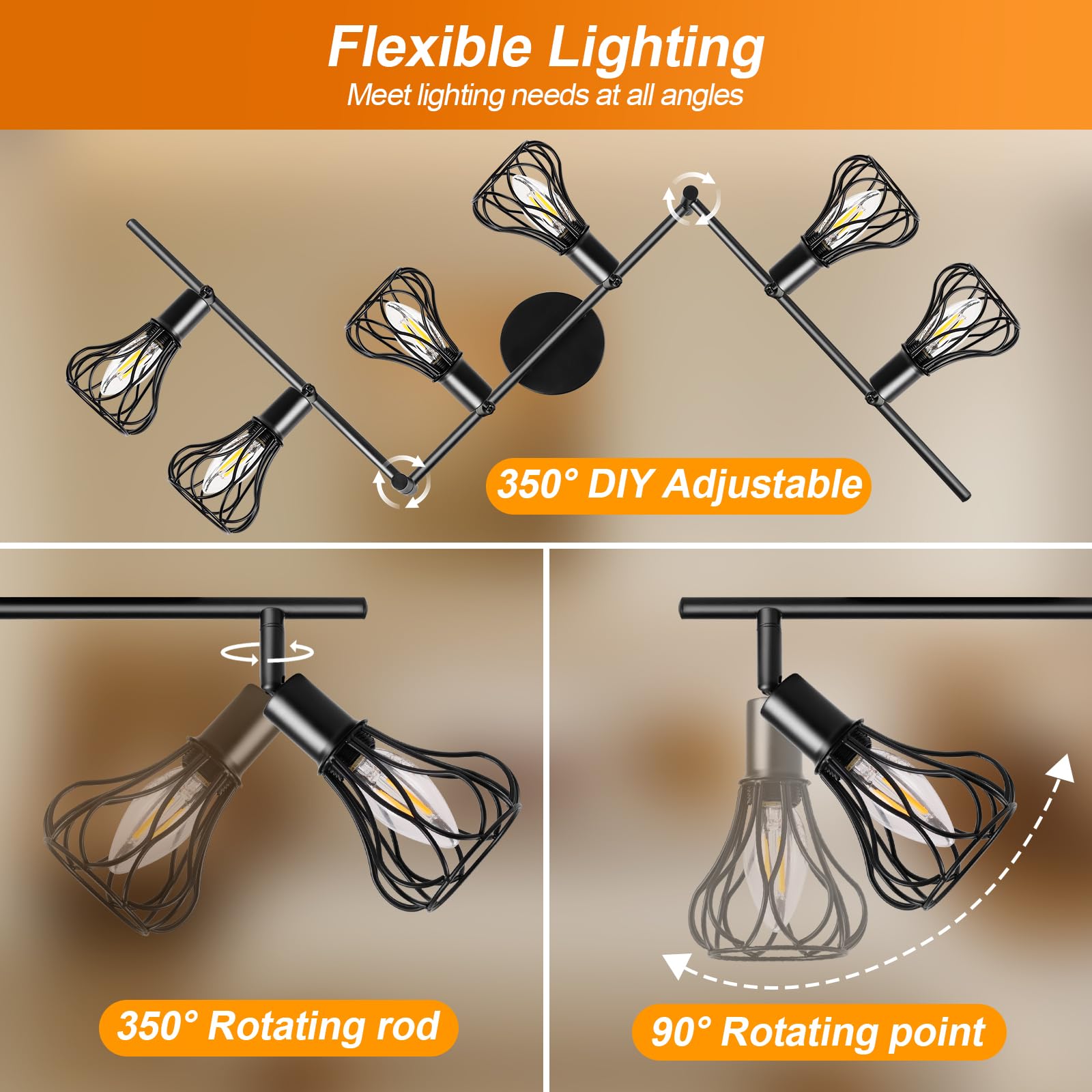 GeyouLux Deckenlampe LED Deckenleuchte E14 Deckenstrahler 6 Flammig Schwenkbar 350° Deckenspots Retro Küchenlampe Wohnzimmerlampe Schwarz Lampe für Küche Wohnzimmer Flur Schlafzimmer Ohne Leuchtmittel