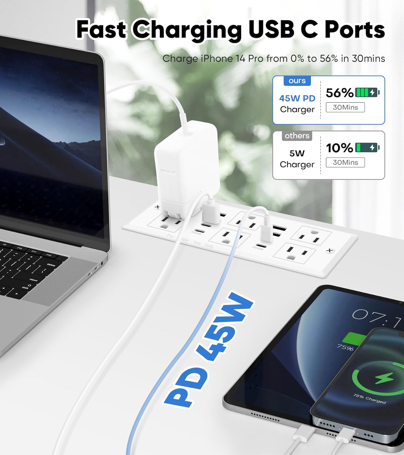 VILONG 14 in 1 Recessed Power Strip with PD 45W USB-C, Flush Mounted Drawer Outlet, 6 Outlets & 8 USB Ports, 45° Flat Plug, 6FT Extension Cord, Conference Desktop Built in Power Strip(White)