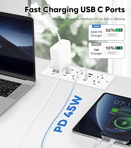 Miniatura 3 de VILONG Regleta de alimentación empotrada 14 en 1 con PD 45W USB-C, salida de cajón empotrada, 6 salidas y 8 puertos USB, enchufe plano de 45, cable
