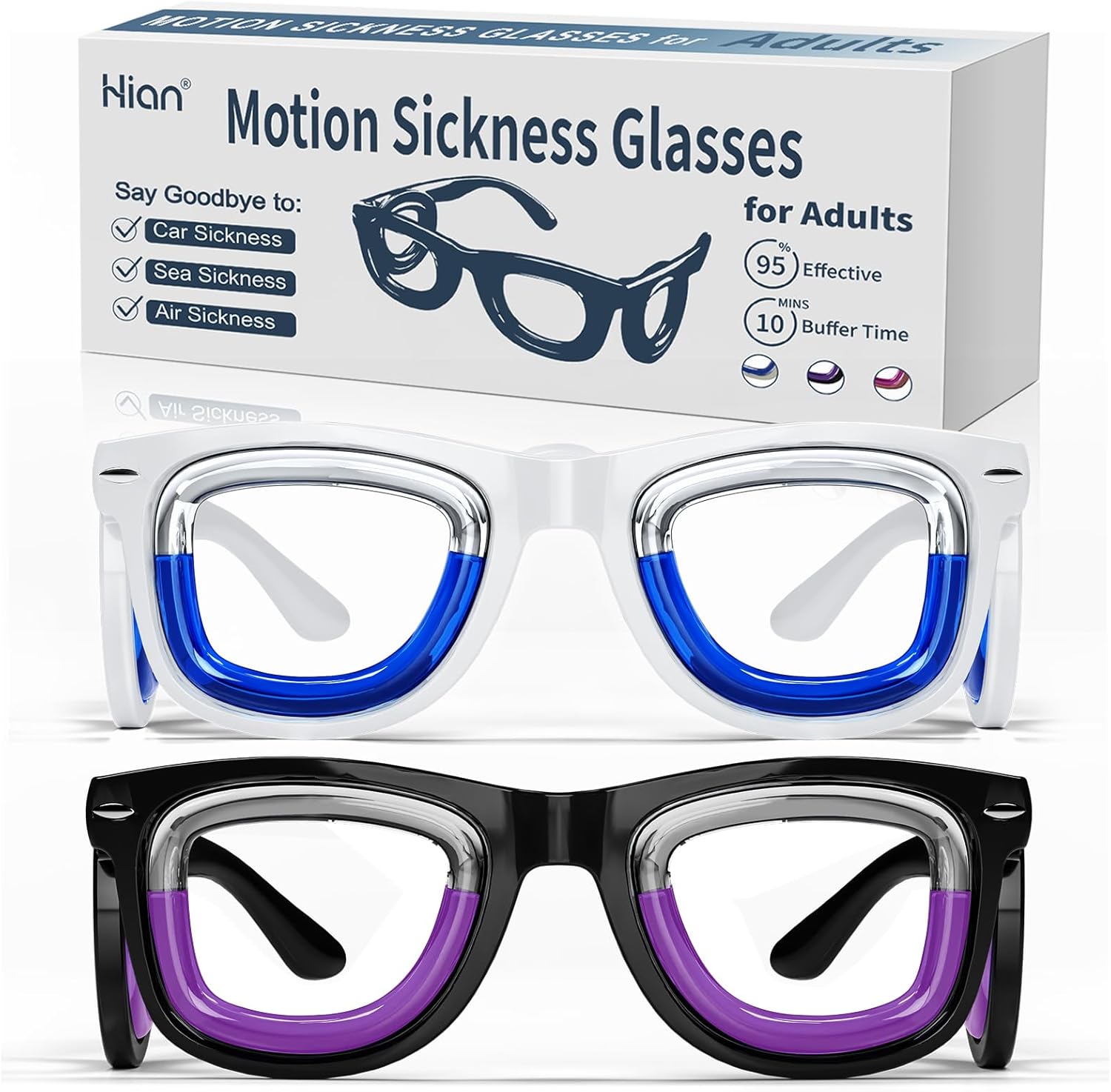 Hion 2 Pairs Adult Anti- Motion Sickness Smart Glasses, Ultra-Light Portable Nausea Relief Liquid Glasses, Carsickness Airsickness Seasickness Glasses, Travel/Cruise Essentials
