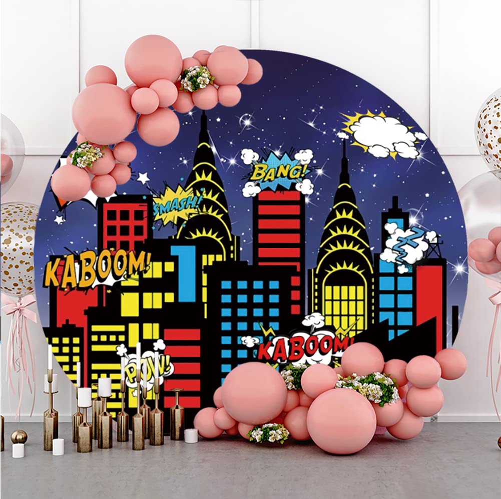 Laeacco Runder Fotohintergrund 2x2 M – Stadt-Skyline, Gebäude, Wolkenkratzer Auf Polyester, Für Babyparty & Porträts