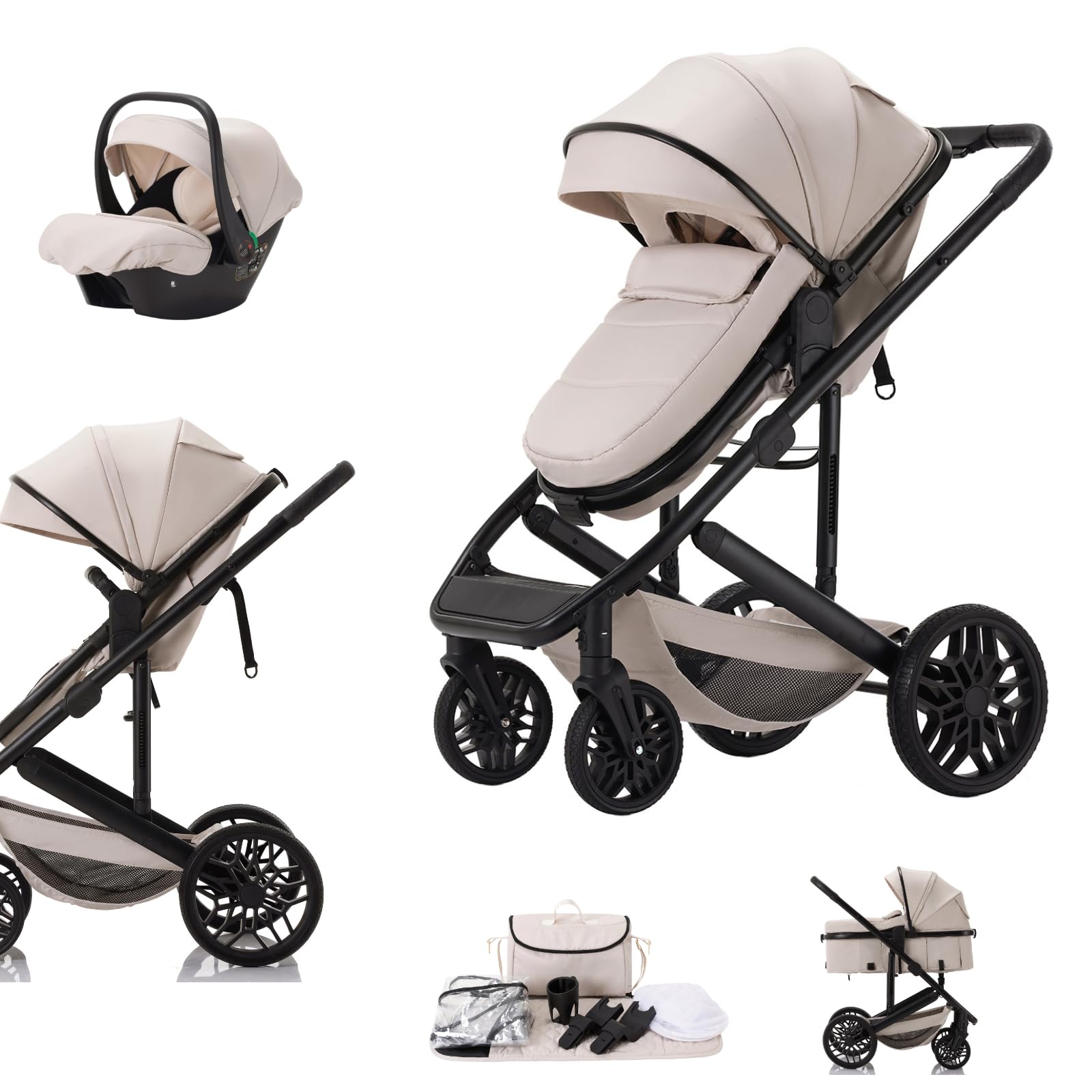 Zkiprm 3 in 1 Baby Pram, One-Touch Folding Travel System，Reversible Stroller