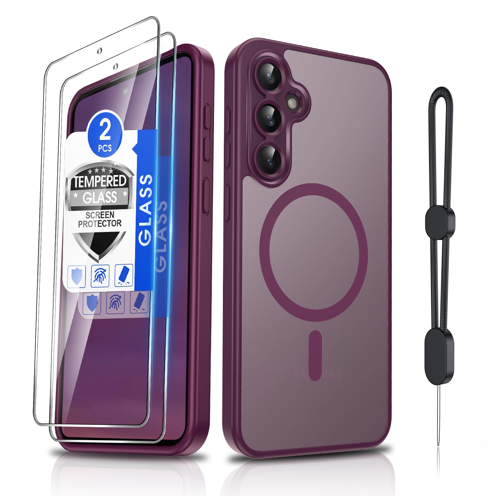 Dizn Magnetic for Samsung Galaxy S23 FE Case:[Not Fit S23],with Tempered Glass Screen Protector,Strap,Compatible with MagSafe,Matte Translucent Cover &amp; Military Shockproof Protective S 23 FE,Wine Red