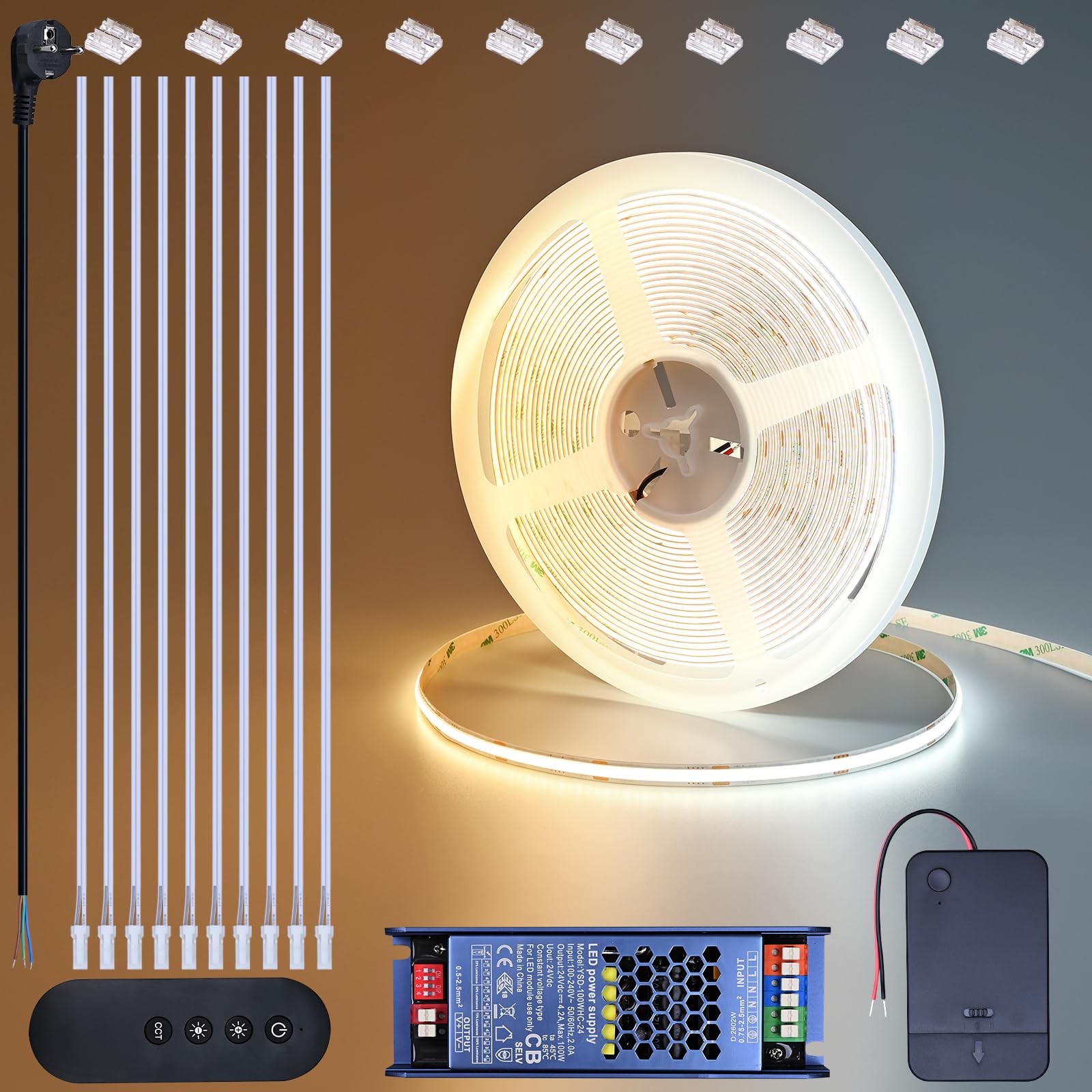 BENLUN Striscia LED COB CCT 24V 10 Metri CRI 93 con Dimmer e Alimentatore | 3000K 4000K 6000K Bianca Strisce LED Dimmerabile Adesive 10W/m per Camera da Letto, Cucina, Interno, Gaming