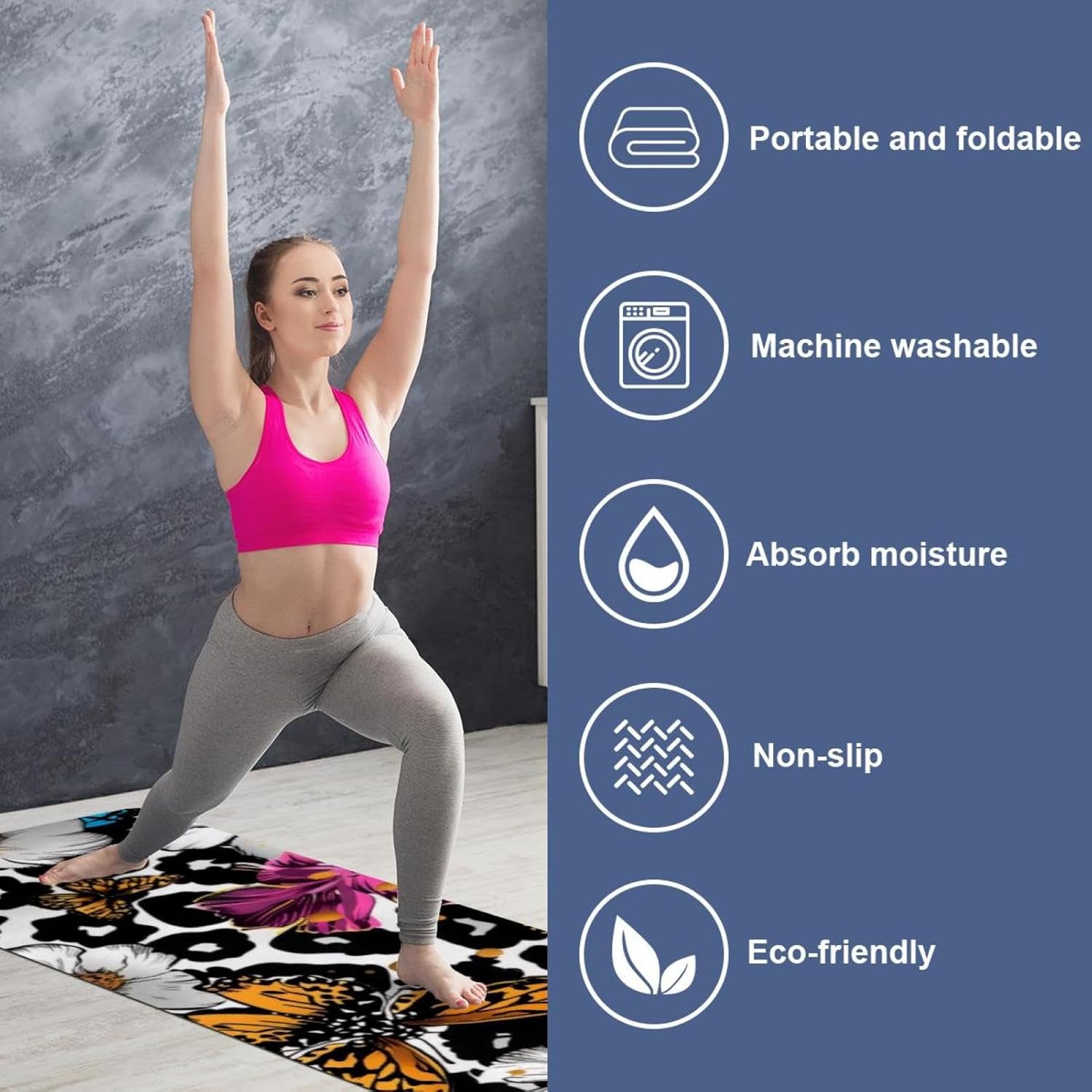 Yoga Towel, Leopard Spots Butterfly Flower Non Slip Sweat Absorbent Hot Yoga Mat Towel for Hot Yoga, Pilates and Fitness - 72.8" x 26.8"