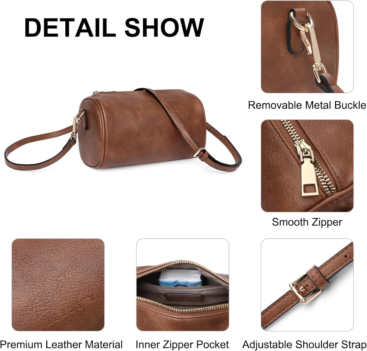 SENDEFN Crossbody Bag for Women Leather Cylinder Purse with Adjustable Strap Crossbody Shoulder Barrel Bag Handbags with Zip