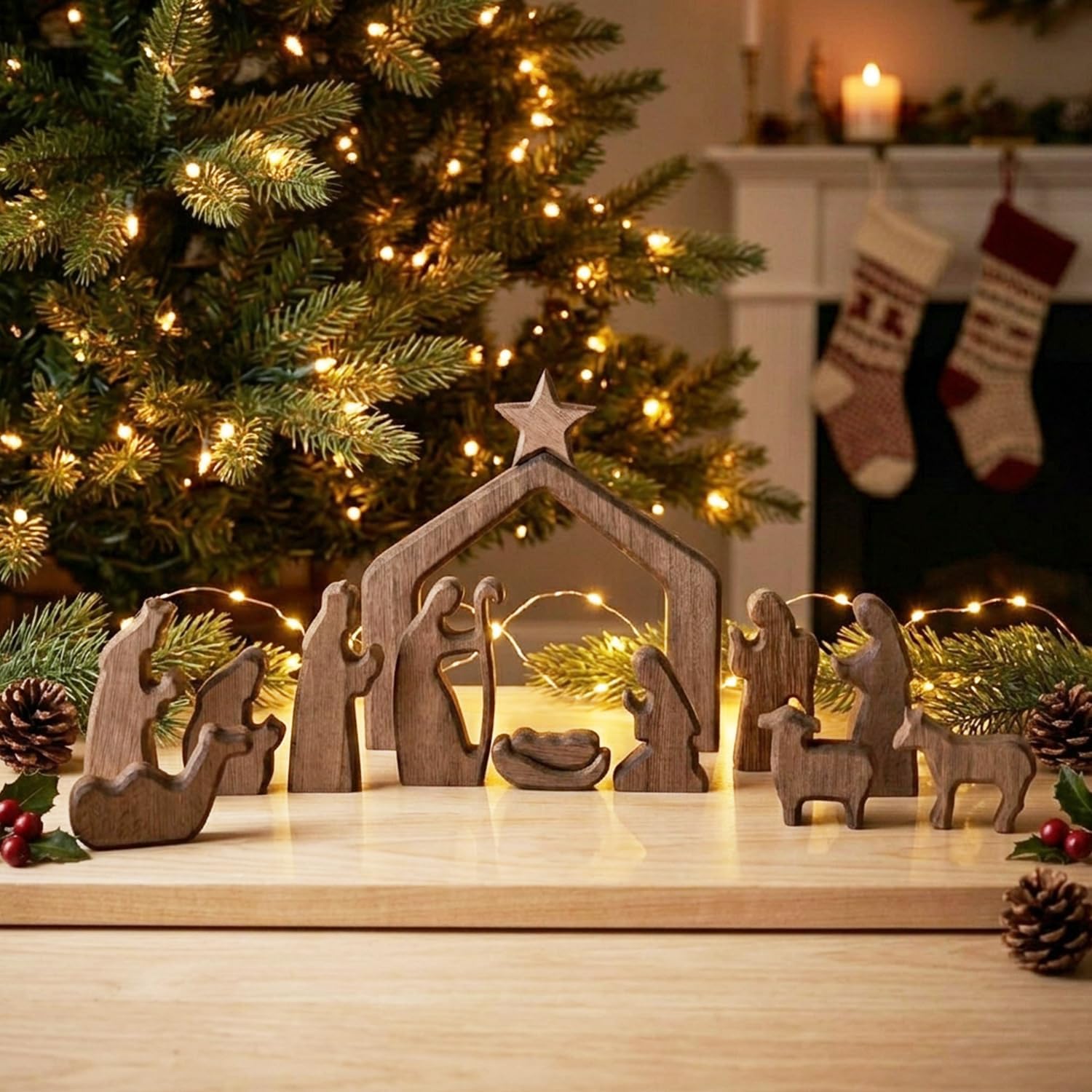 FESTGLOX Wooden Nativity Set Indoor, 13Pcs Small Christmas Nativity Scene