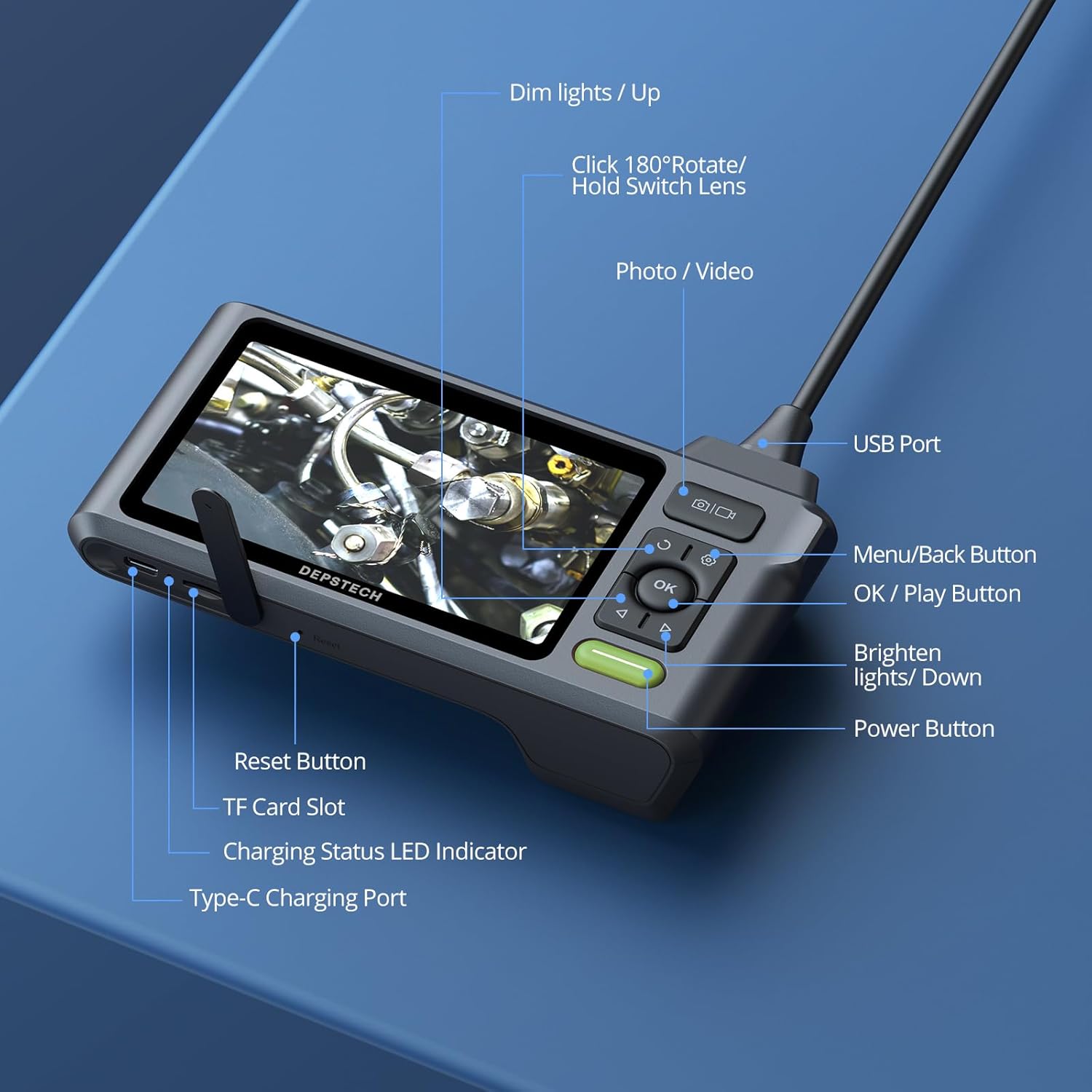 Detailed diagram of the DEPSTECH endoscope control panel, labeling buttons for dimming lights, rotating lens, photo/video, menu, OK/play, brightening lights, power, reset, TF card slot, charging status LED, and Type-C charging port.