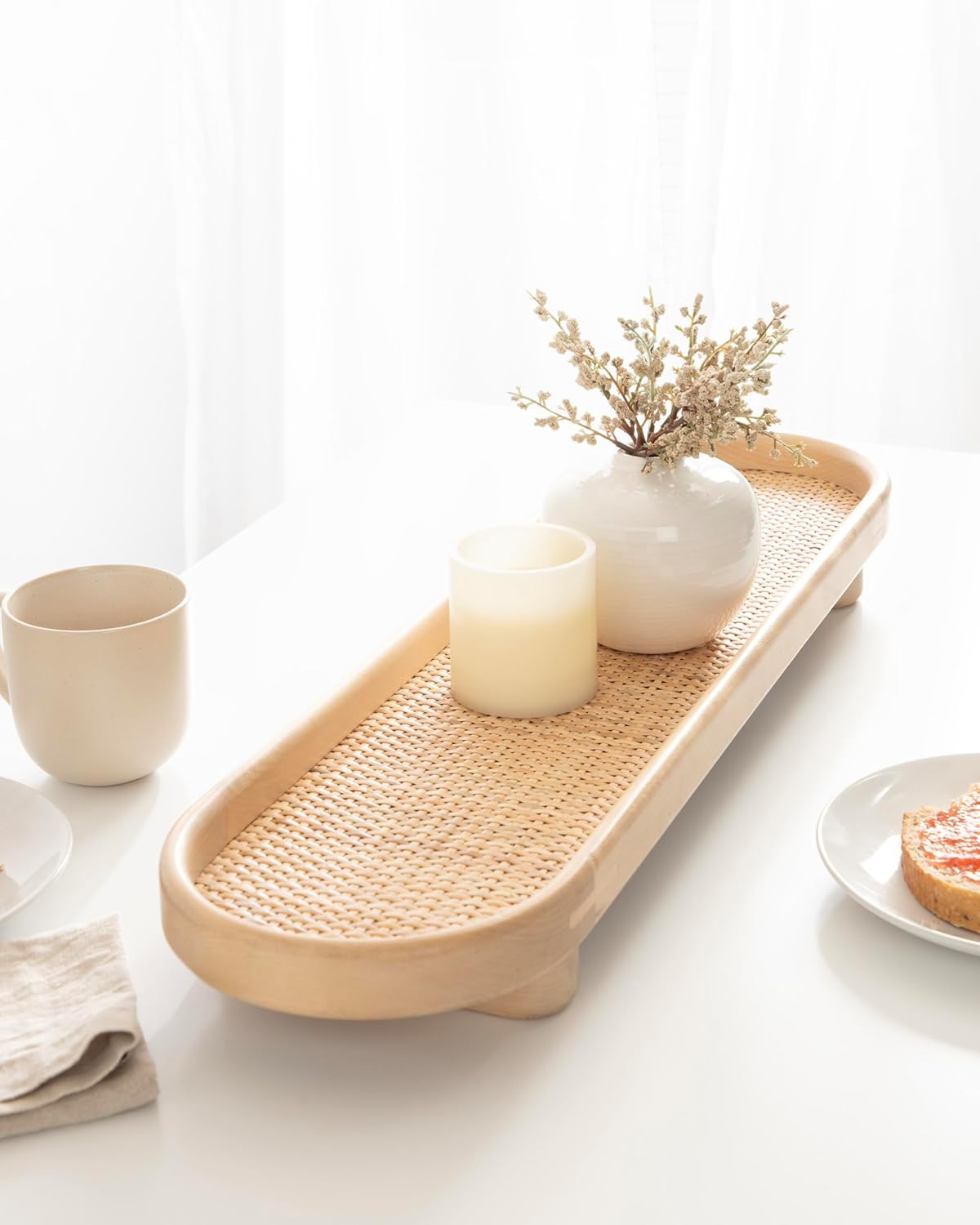 Kate and Laurel Planche Decorative Capsule Woven Tray with Solid Wood Frame; 27 x 8; Natural Brown; Modern Slim Wood Rectangle Serving Tray for Living Room
