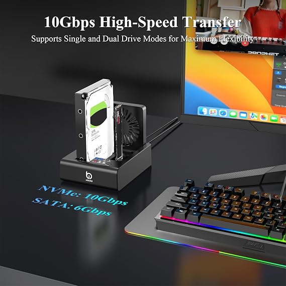 M.2 NVMe & SATA HDD Docking Station, Offline Cloning, Cooling Fan