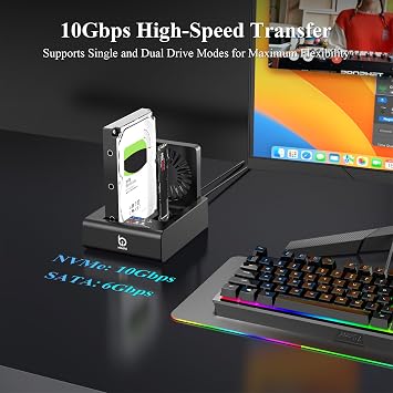 M.2 NVMe & SATA HDD Docking Station, Offline Cloning, Cooling Fan