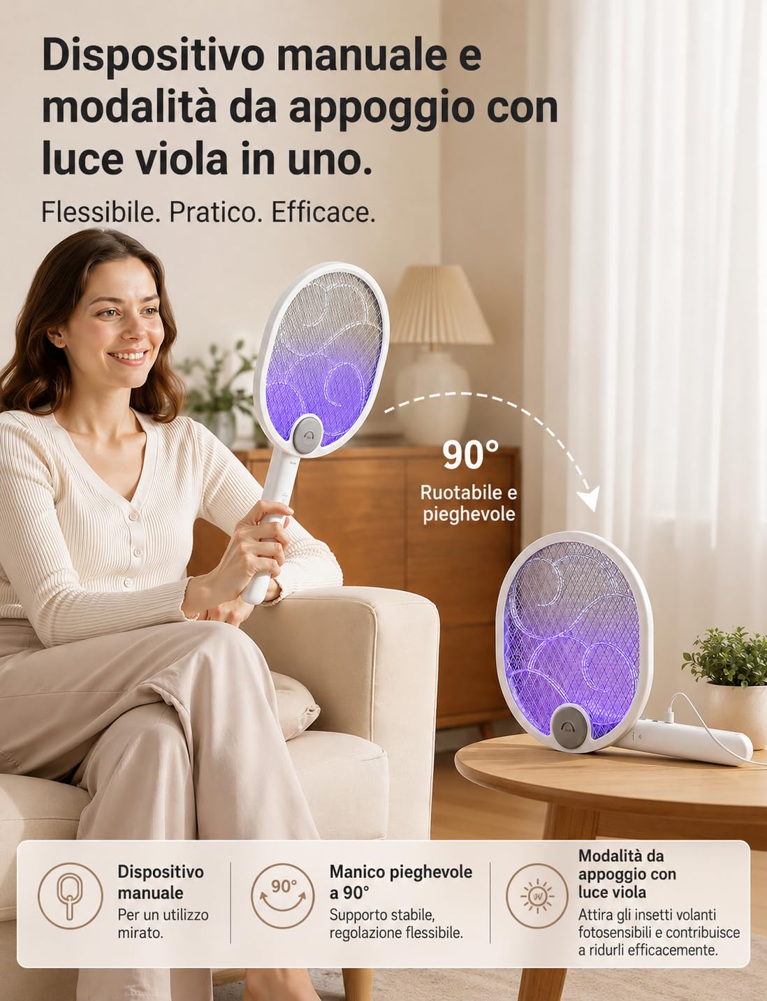 WOCVRYY Racchetta Zanzare Elettrica Pieghevole 4000V 1800mAh 3 in 1 Scacciamosche Elettrico USB Ricaricabile Palette Schiacciamosche e Luce LED Adatto per Interni ed Esterni
