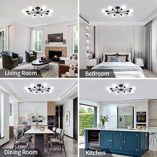 Miniatura 2 de Lámpara de Techo Semiempotrada de 23.62'', Candelabro Moderno de 8 Luces Negro para Sala de Estar, Candelabro de Luces Sputnik para Dormitorio