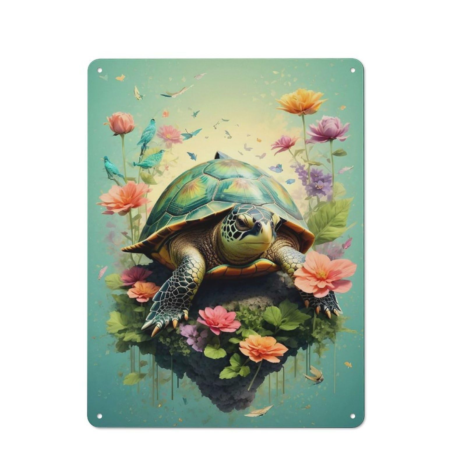 Decorative Tin Sign with Turtle in Vintage Colors Design 40x30cm, Nostalgic Old Style Wall Plaque for Living Room, Hallway, Kitchen Or Cafe