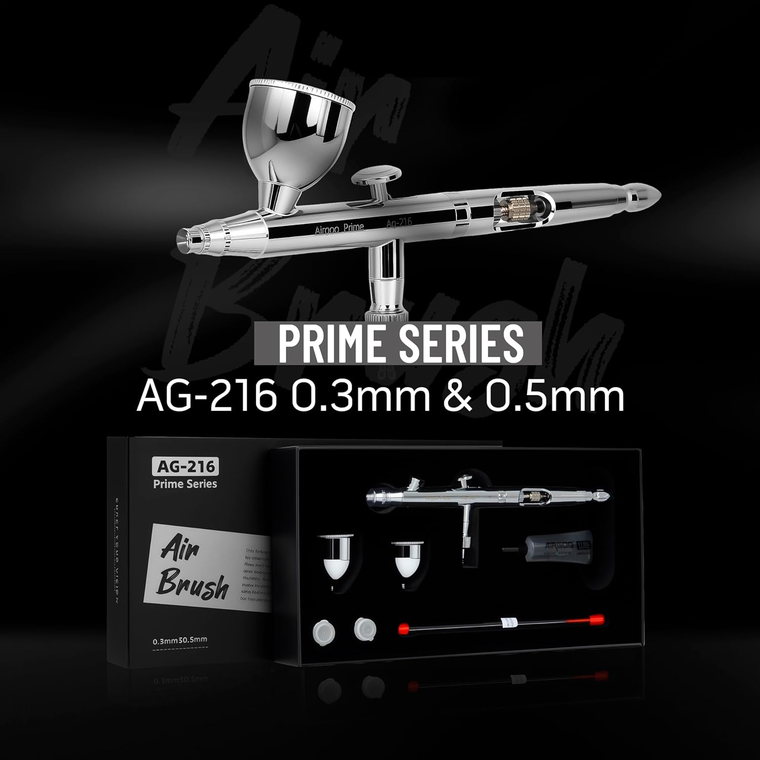 Airgoo Prime Series Airbrush Kit AG-216 Dual Action Gravity Feed Airbrush Kit with 0.3mm/0.5mm Nozzles & Needles, 7CC/10CC Fluid Cups, Oil Lubricant for Tattoo, Modeling, Cake Decor, Nail Painting