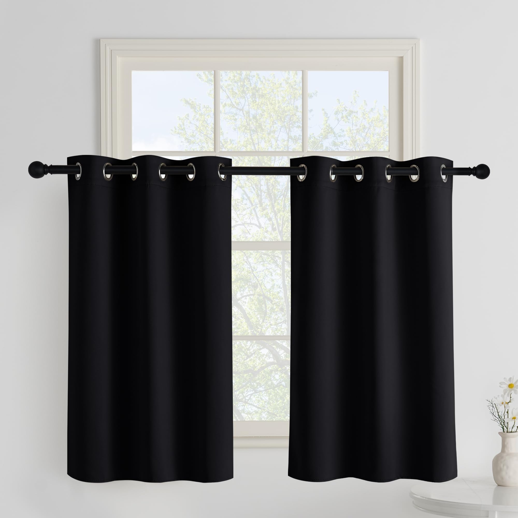 PONY DANCE Cortinas Cortas para Ventanas Cortinas Opacas Termicas Aislantes Frio y Calor Blackout para Salon Dormitorio Cocina con Ojales 2 Piezas,90x100cm,Negro Global Recycled Standard OEKO-TEX STANDARD 100 Global Recycled Standard Global Recycled Standard