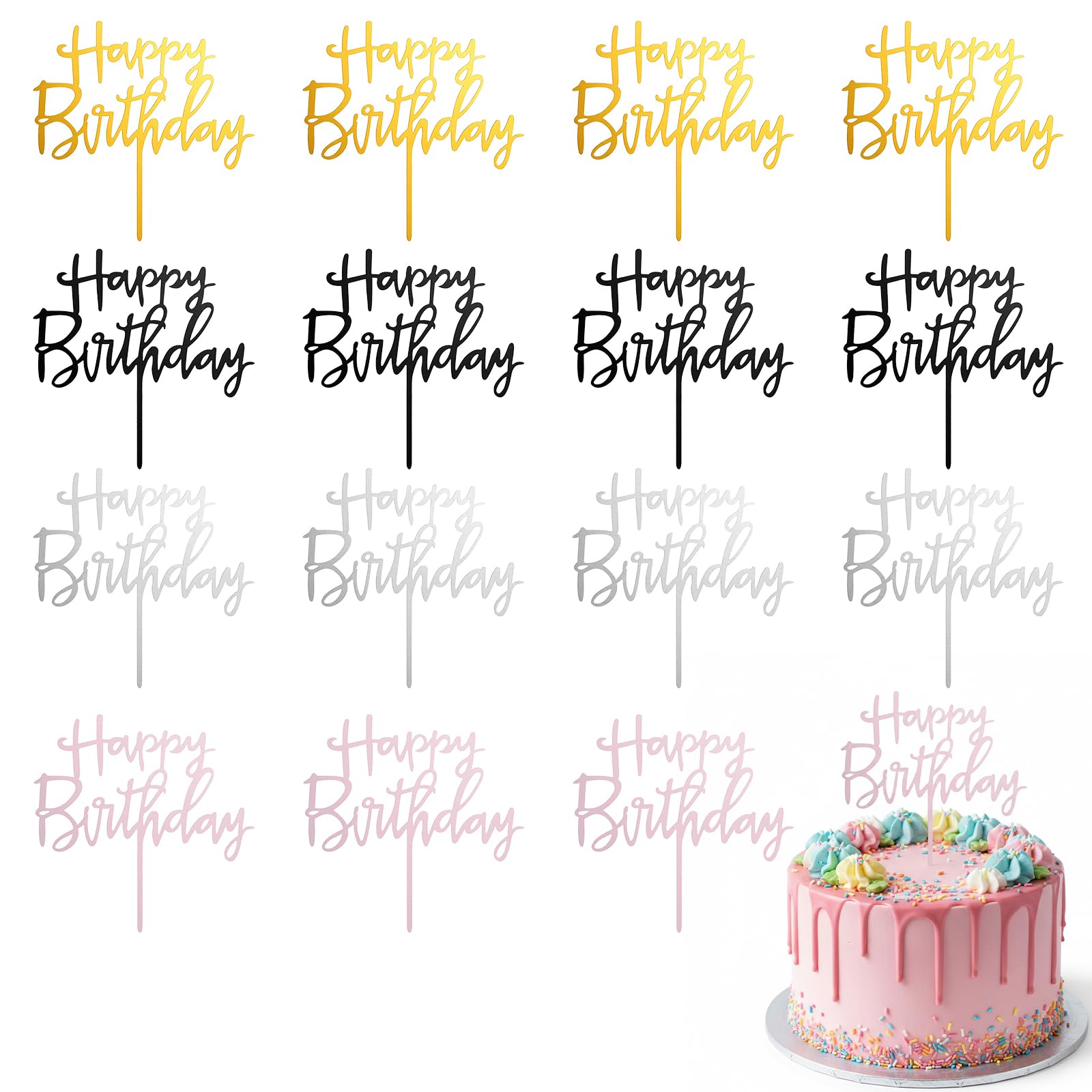 IANFAN 16 Pcs Happy Birthday Cake Topper, Acrylic Cake Toppers Happy Birthday Reusable Cakes Toppers for Birthdays Party Cakes Desserts Pastries Decorations (4 Colors)