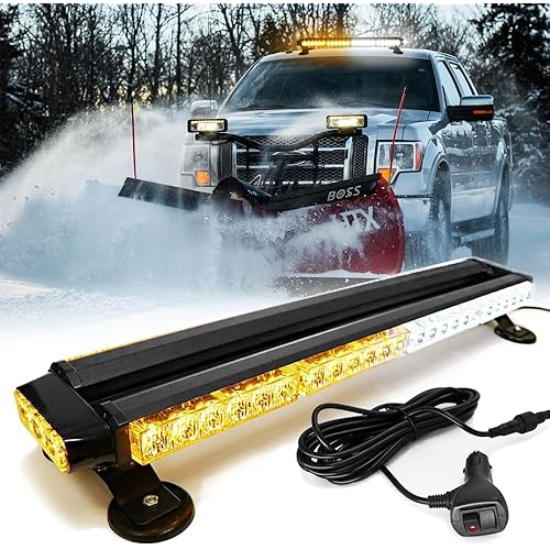 26'' 54 LED Emergency Strobe Rooftop Flashing Light Bar, Double Side Hazard Warning Beacon Safety Lights w/Magnetic for Tow Vehicles Firefighter Cars Trucks Traffic Security,White & Amber
