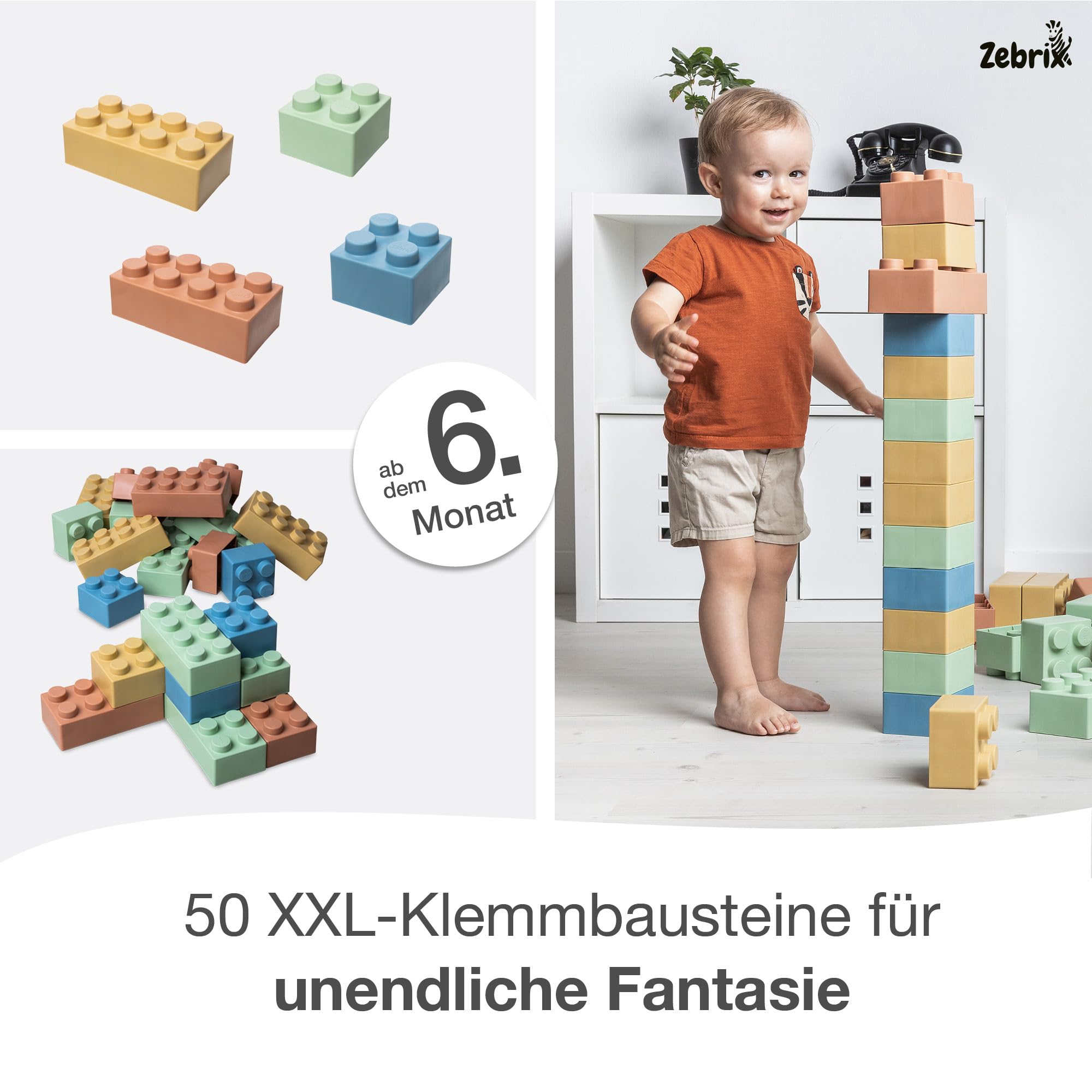 XXL 50 Klemmbausteine Edition 4 Pastellfarben I 50 Große Soft Touch Bausteine Indoor und Outdoor I Für Babys & Kinder ab 6 Monaten I Made in Germany