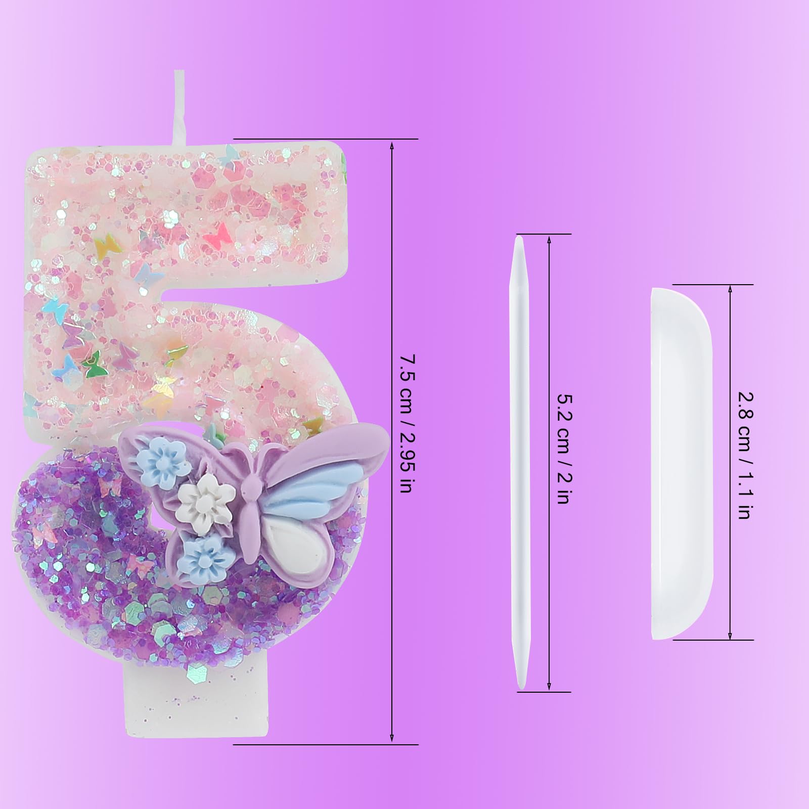 Velas de cumpleaños con diseño de mariposa rosa y morada, velas de cumpleaños para tarta con purpurina número 5, decoración de pastel con lentejuelas para niñas y mujeres, suministros de celebración