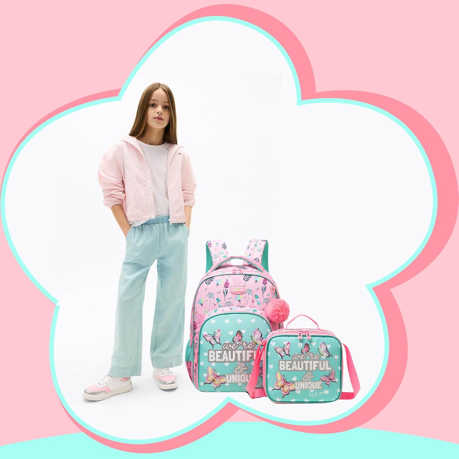 Butterfly Kids Backpacks for Girls School Backpack for Kids Backpack with Lunch Box Pencil Case Backpacks for Girls Travel Bookbag Back to School Supplies