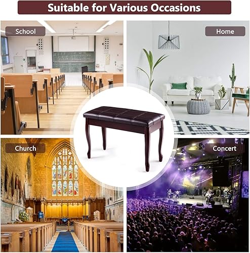 Miniatura 7 de GOFLAME Taburete de banco de piano con cojín acolchado y almacenamiento de música, asiento de piano resistente con asiento acolchado de piel