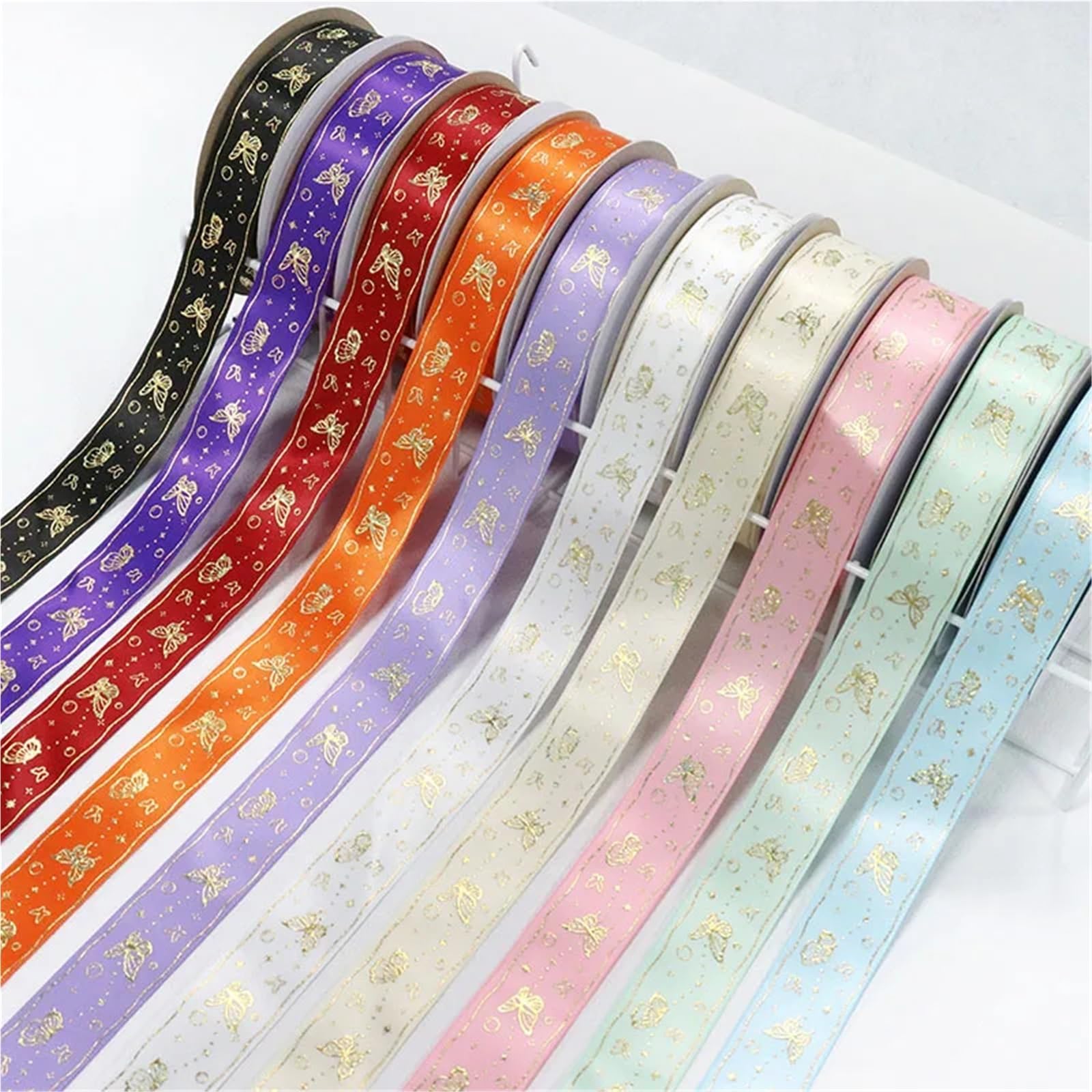 Nastro Con Stampa A Caldo Nastro in raso di poliestere con stampa a farfalla in lamina d'argento oro laser da 1 '' 25 mm for il confezionamento fiori nuziali(Color-11,50Yards)