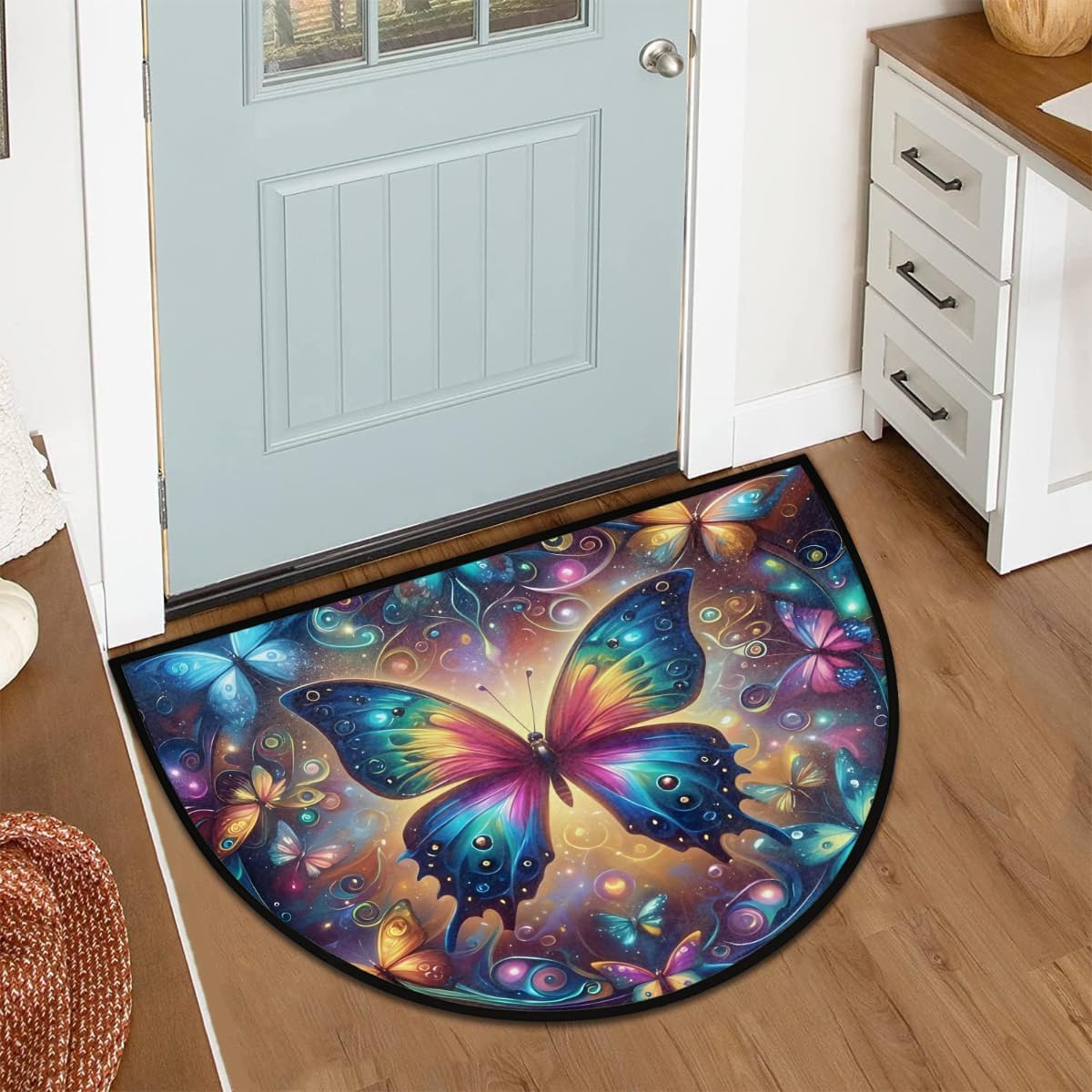 Abstract Butterfly Design Half Round Door Mat Non-Slip Soft Semi Circle Rug Washable Half Moon Welcome Entrance Doormat for Outdoor Indoor Floor Indoor Bedroom Bathroom Home Kitchen Decor
