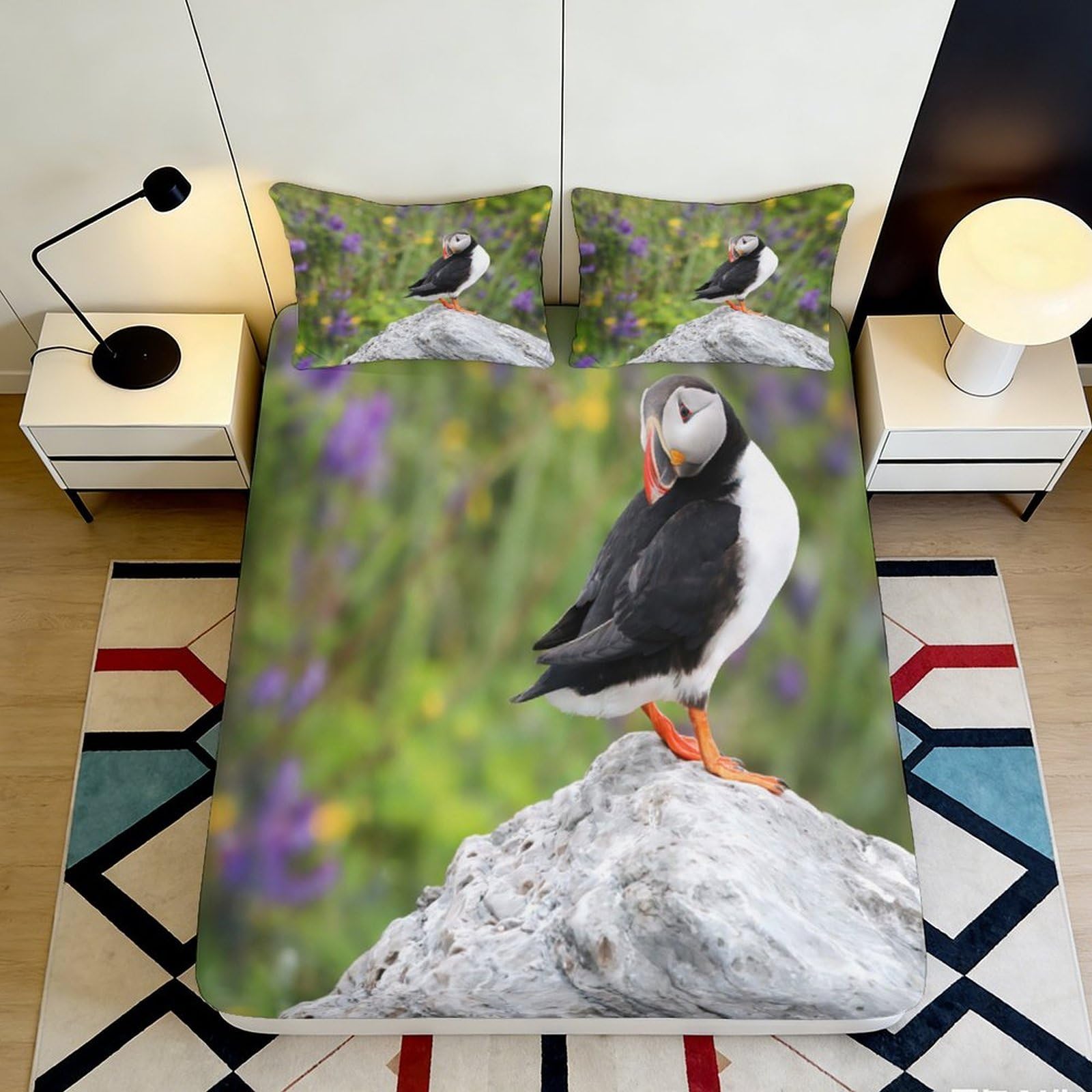 3D Printed Puffin Nature Fitted Sheet Microfiber Soft Breathable Bird Meadow Bed Cover for Bedroom Guest Room Decor 90x200x25cm