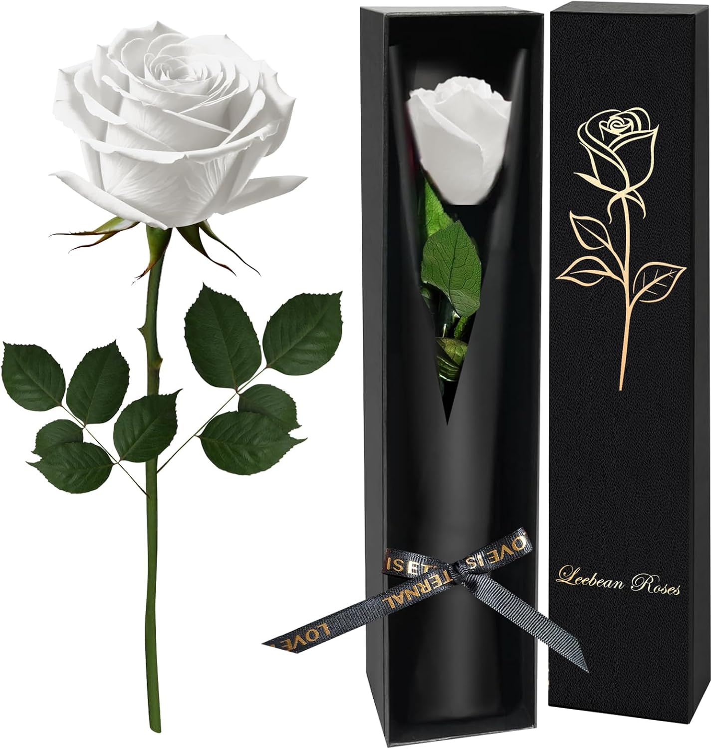 White Single Forever Roses Luxury Gift for Women/Men, Fresh Flowers Bouquet for Girlfriend, Wife, Mom, Anniversary, Valentine's Day, Wedding, Graduation, Christmas, Birthday, Unique Presents for Her