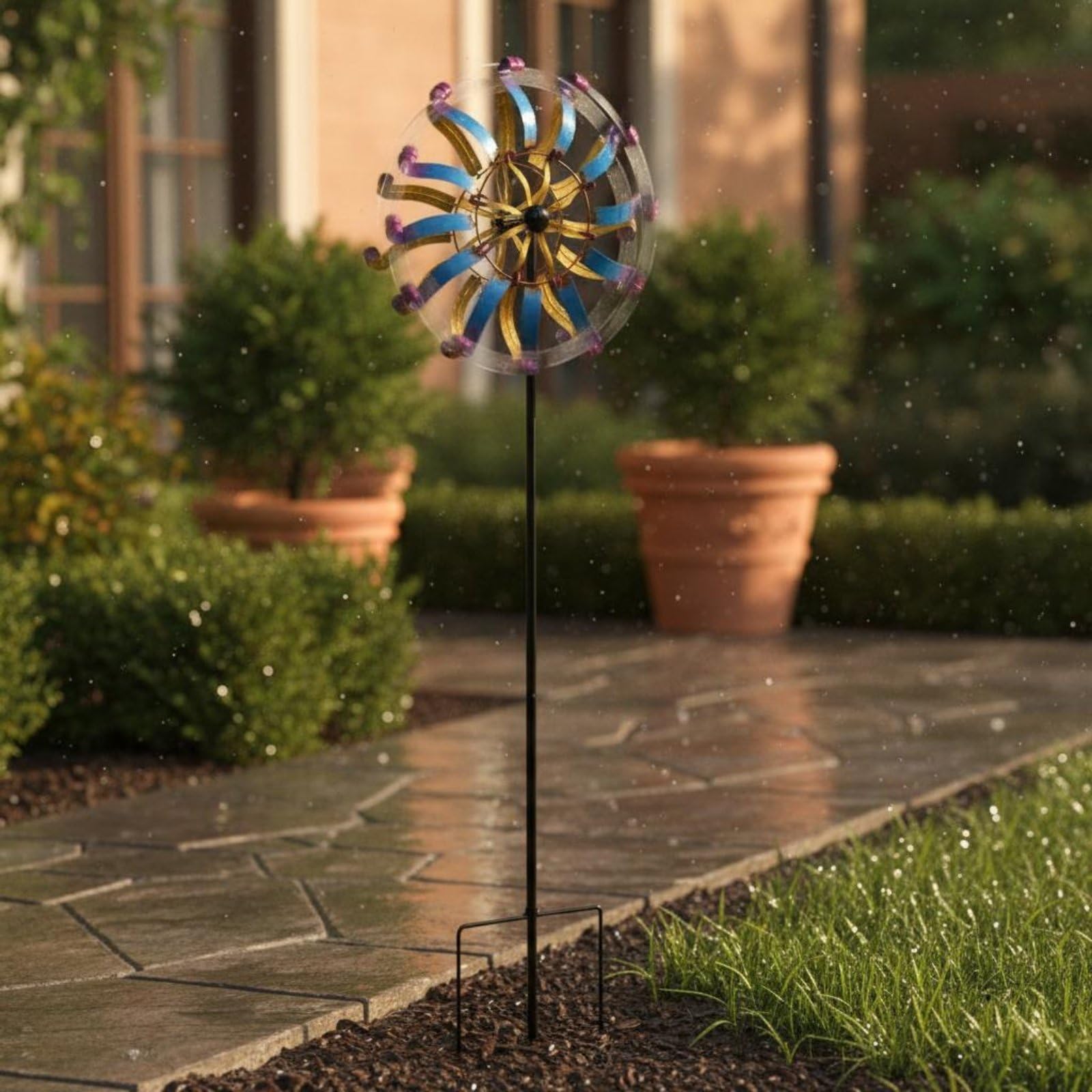 Windmühle Garten Windspiel Metall Zweischichtiges Flügeldesign Ruhiger Lauf Farbige Oberfläche Reflektierend Fester Stand für Tägliche Gartennutzung für Hof Garten Balkon