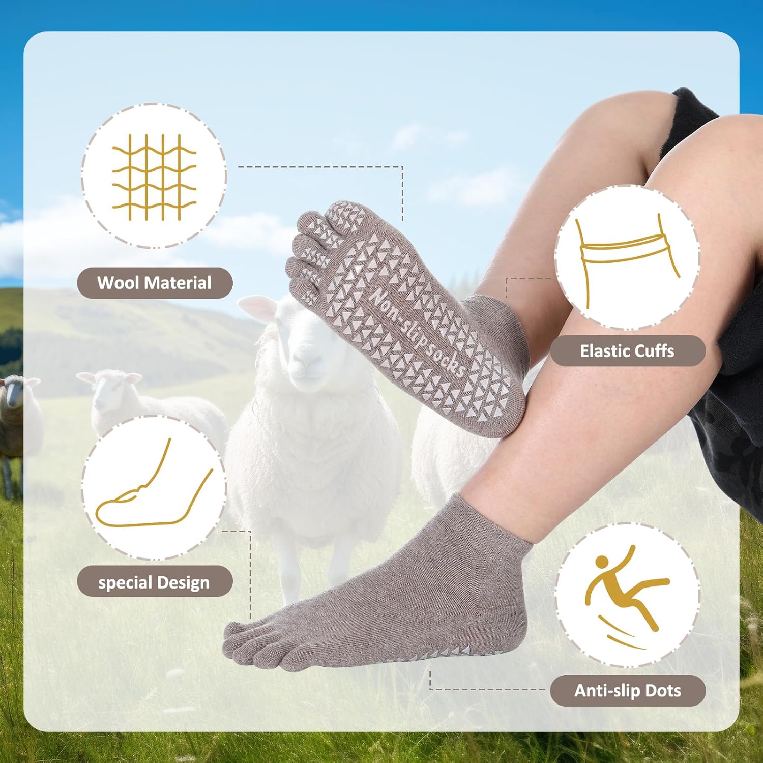 JenPen 5 Pairs Merino Wool Five Toe Grip Socks for Women Men Winter Cotton Thermal Warm Toe Sock for Hiking Athletic Running