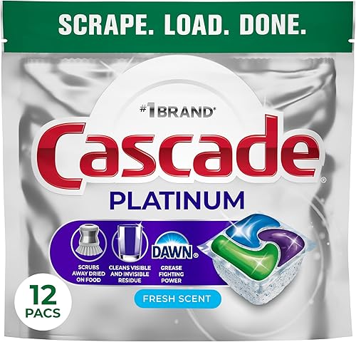 Cascade Platinum Cápsulas para lavavajillas, detergente para lavavajillas, jabón detergente para platos, fresco, 12 unidades