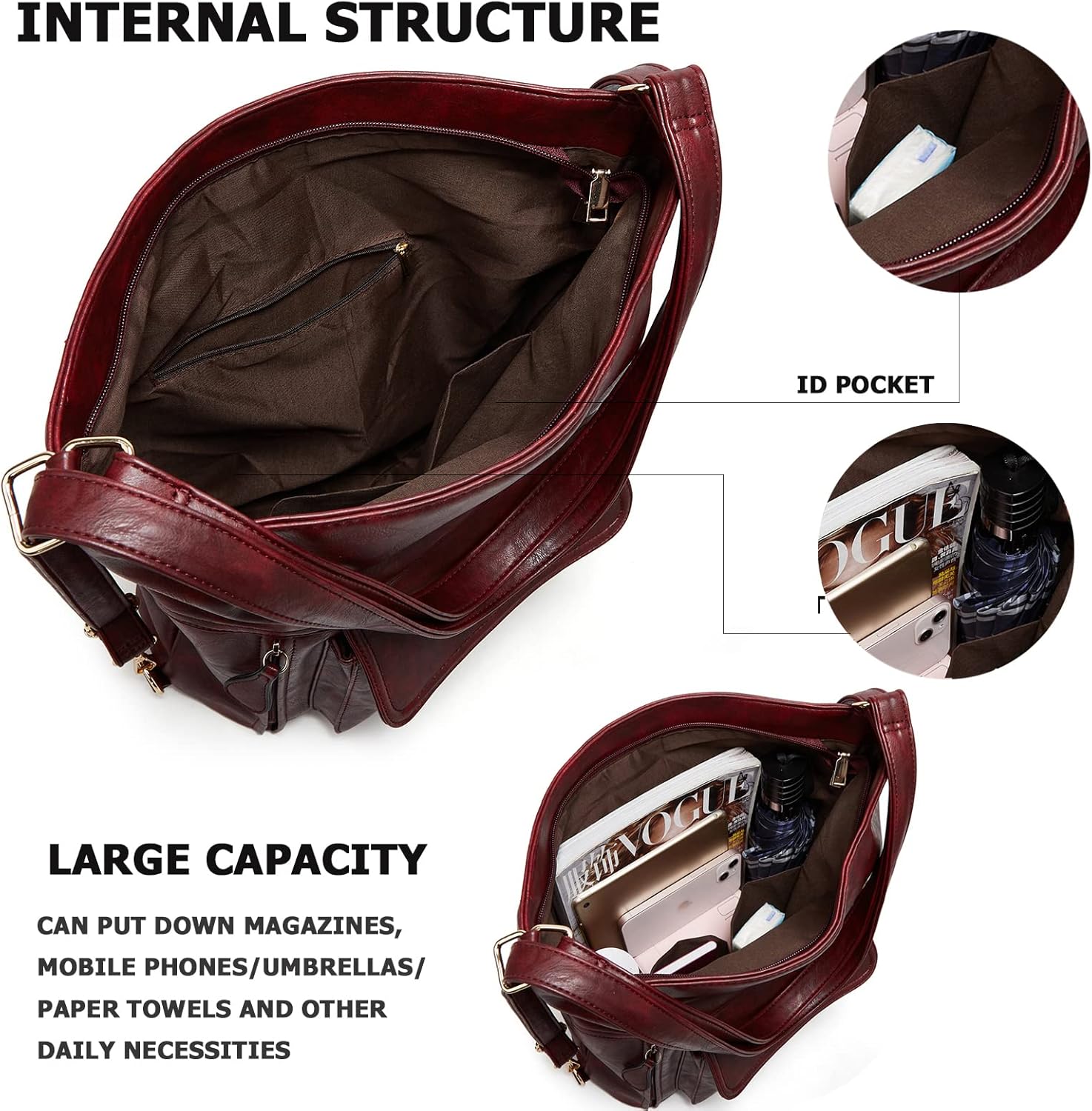 myfriday Vintage Leather Fashion Backpack Purse for Women Large Capacity Convertible Backpack Travel Daily Daypack (Burgundy) - Image 5