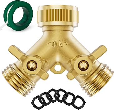 SPECILITE 2 Way Brass Garden Hose Splitter | Heavy Duty Y Connector, with 6 Extra Rubber Washers & 1 Teflon Tape, for Water Tap & Outlet
