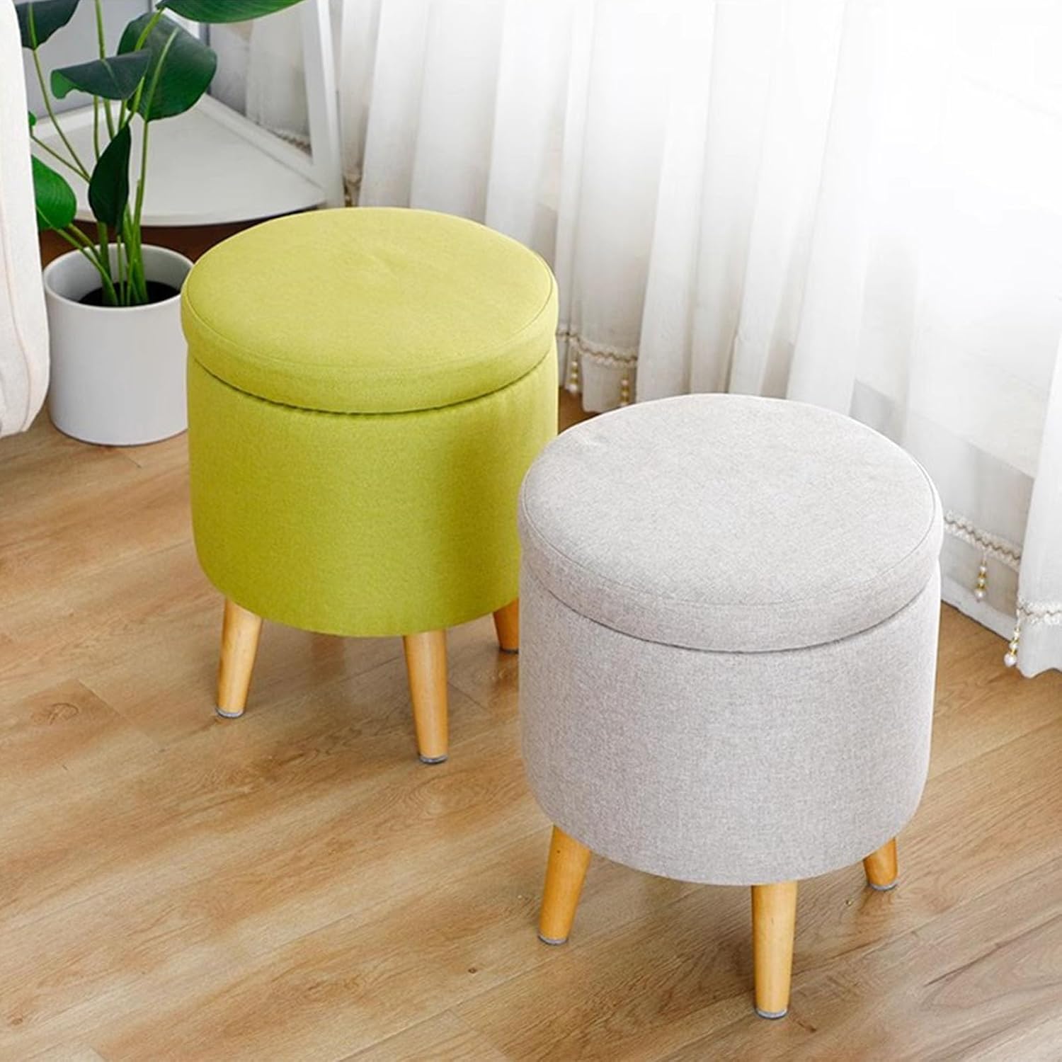 Round Storage Ottoman Foot Stool, Vanity Stool Round Footstool with Soft Cushion for Living Room Couch Bedroom Entryway(B)