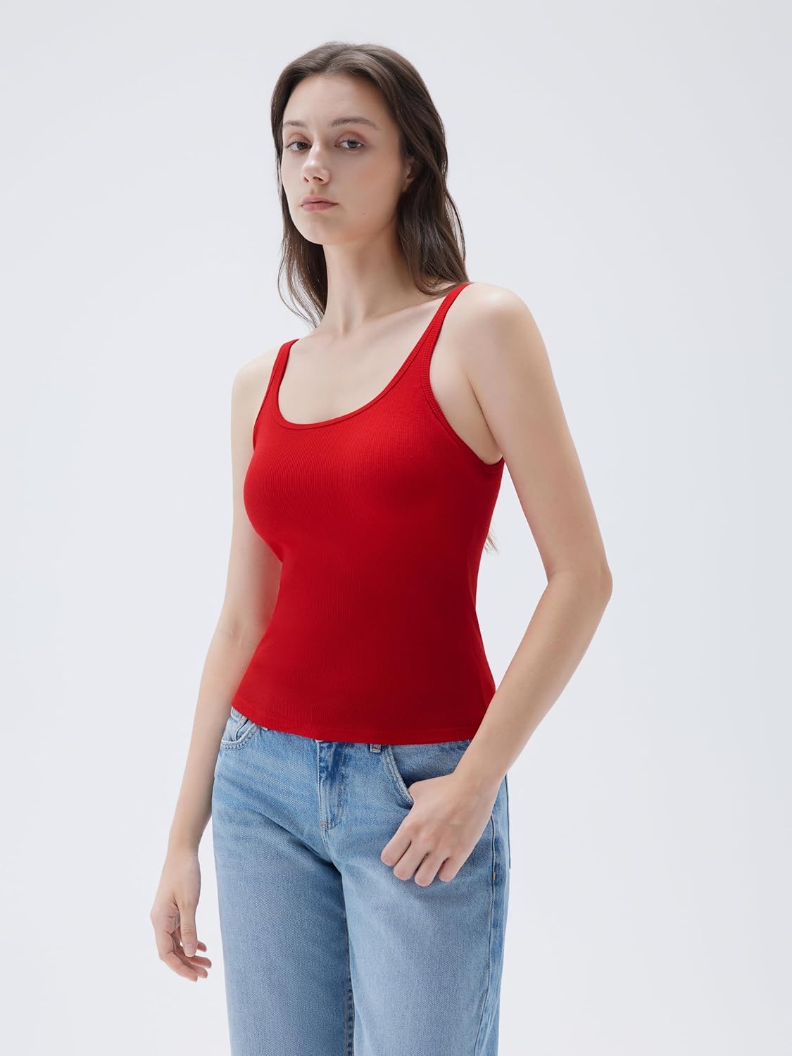 SUUKSESS Women Padded Cotton Ribbed Long Tank Tops Casual Summer Going Out Sleeveless Scoop Neck Basic Cami Tops - Image 3