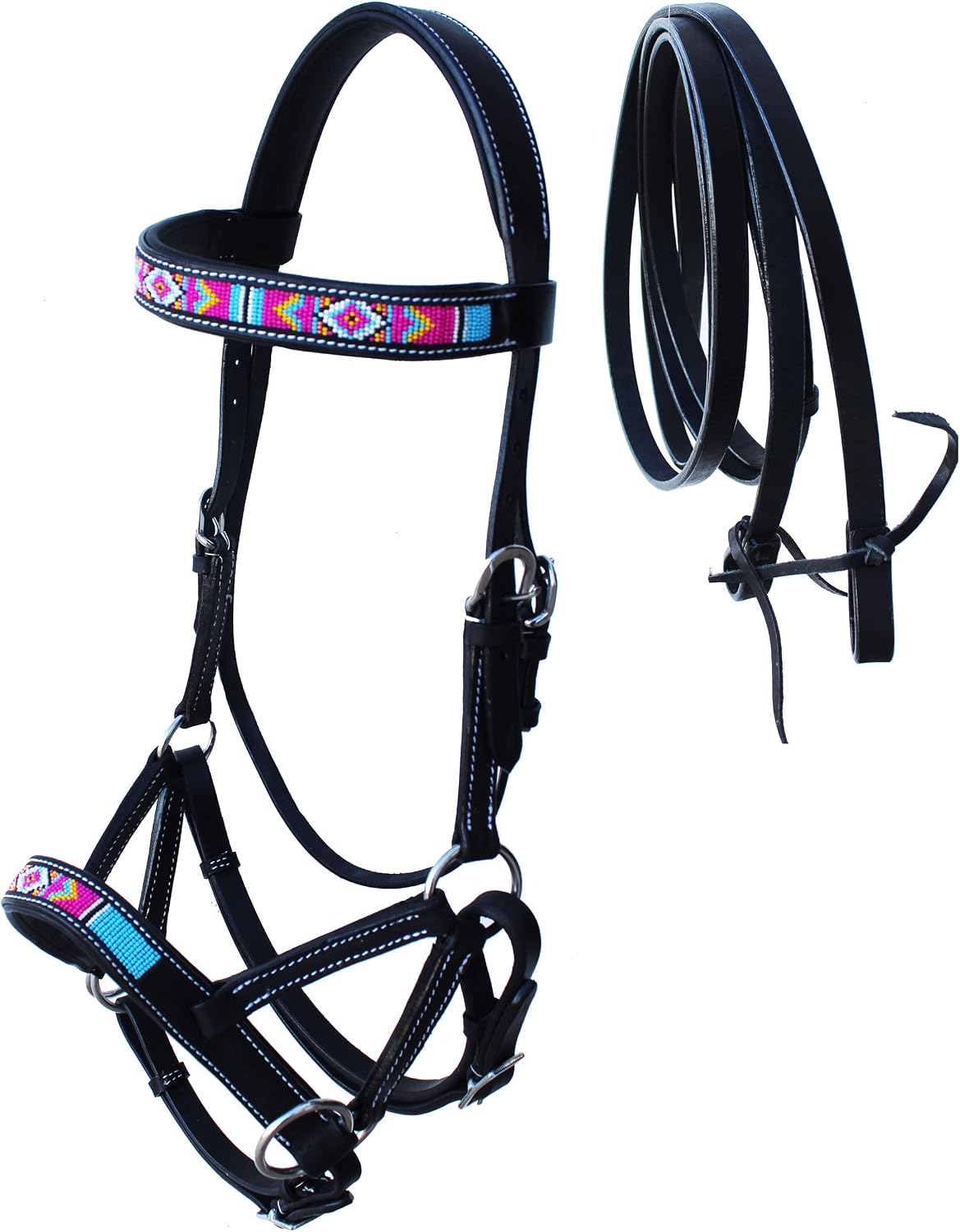 CHALLENGER Horse Western Black Leather Beaded Bitless Padded Sidepull Bridle w/Reins 77RS15BK
