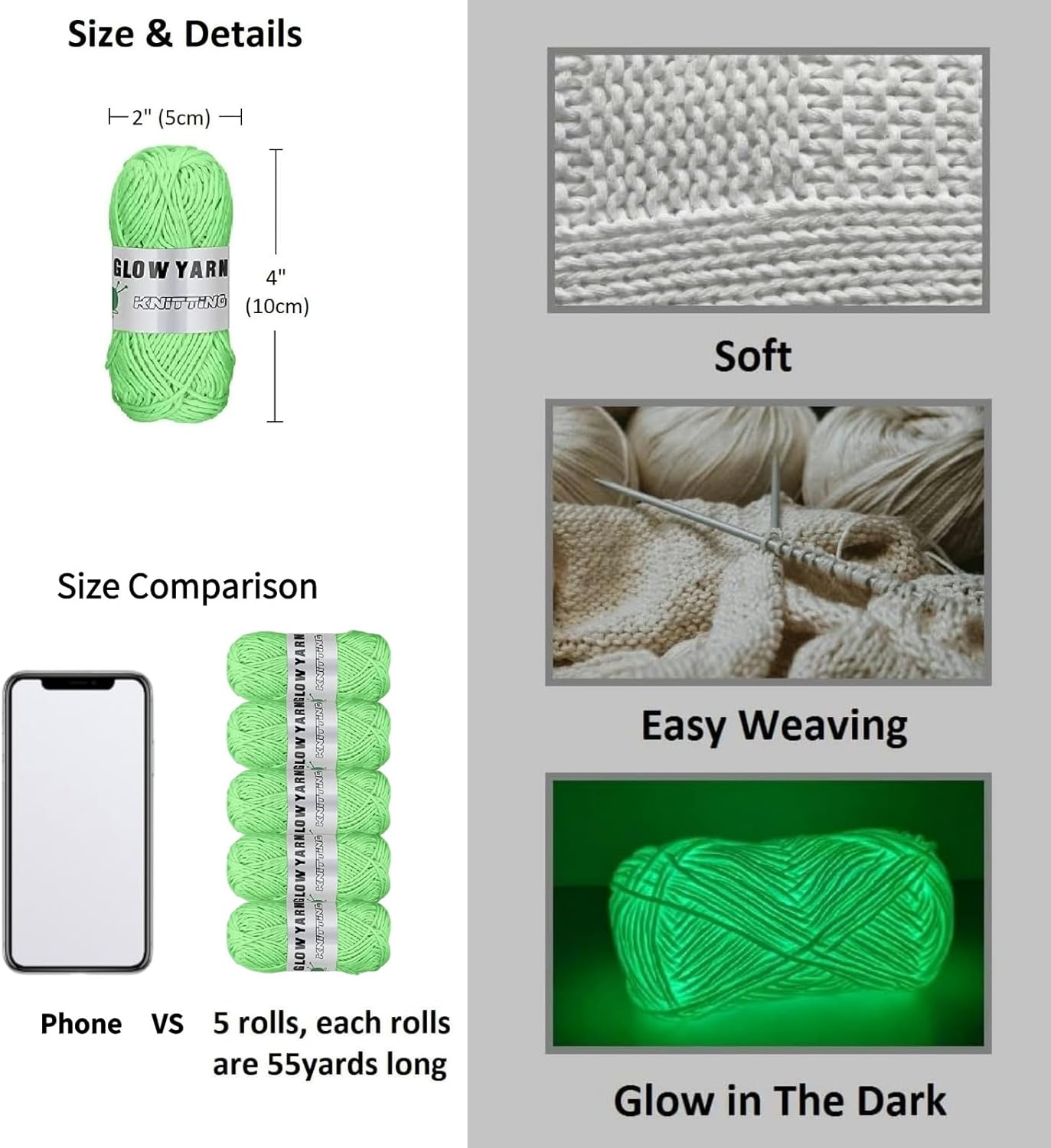 5 Rolls Glow in The Dark Yarn, 55 Yards Luminous Knitting Glowing Crochet Yarn for Crocheting, Sewing Supplies for Knitting DIY Crafts (Green)