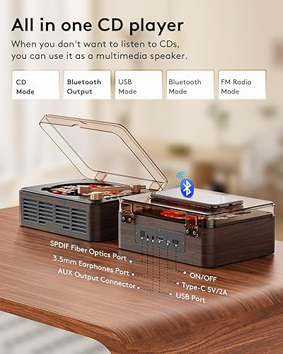 Miniatura 4 de Reproductor de CD con altavoces, Bluetooth, nostálgico, retro, reproductores de CD portátiles para el hogar, reproductor de música de madera, radio