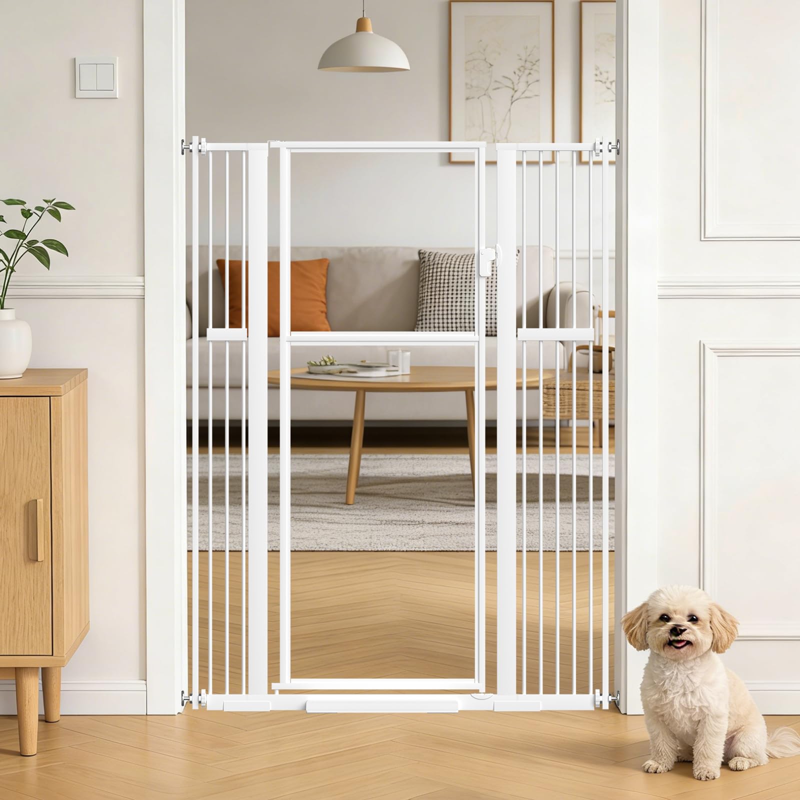 Xifamniy 142CM Türschutzgitter extra hoch，Breite 75CM-115CM Katzenschutzgitter，katzengitter tür ohne Bohren，Transparentes PC-Material, doppelter Verschlusssystem, automatische Schließung, weiß