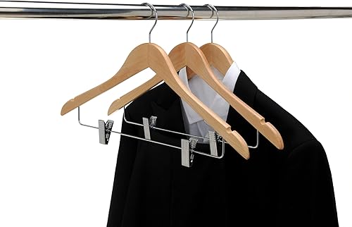 Miniatura 5 de Perchas de madera de calidad con clips, paquete de 80 perchas naturales para pantalones con clips ajustables de metal cromado, gancho giratorio,
