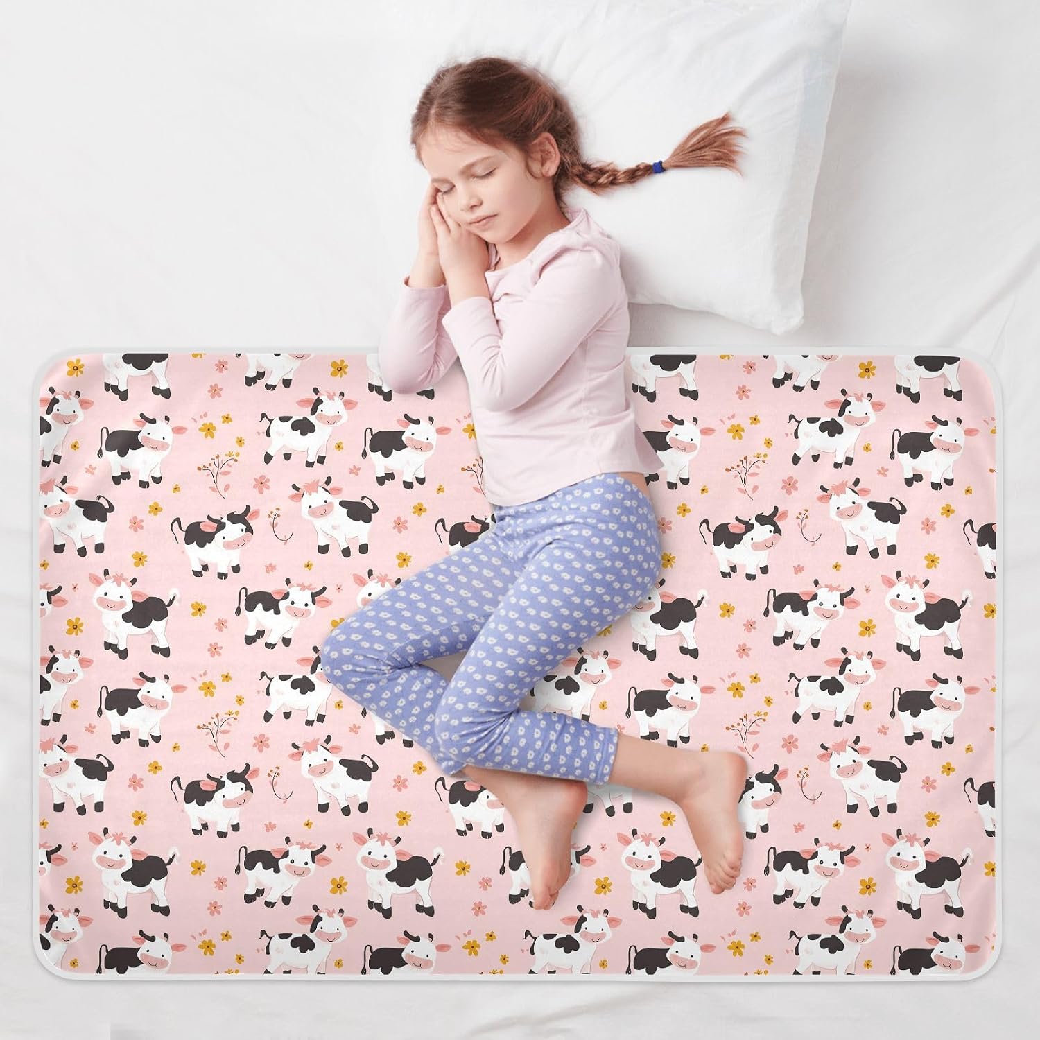 Cartoon Cute Cow Blush Extra Large Resuable Training Pee Pads for Kids Soft Absorbent Bed Wetting Sheet Slip-Resistant Pee Mats for Toddler Kids , 52" L x 34" W