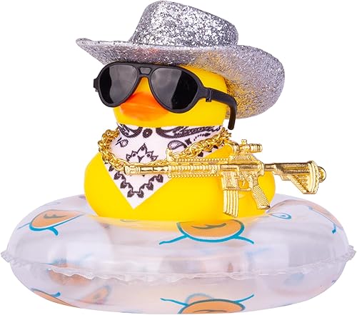 Decoración de tablero de instrumentos de pato vaquero para automóvil, accesorio de adorno de pato de goma con mini anillo de natación, sombrero de