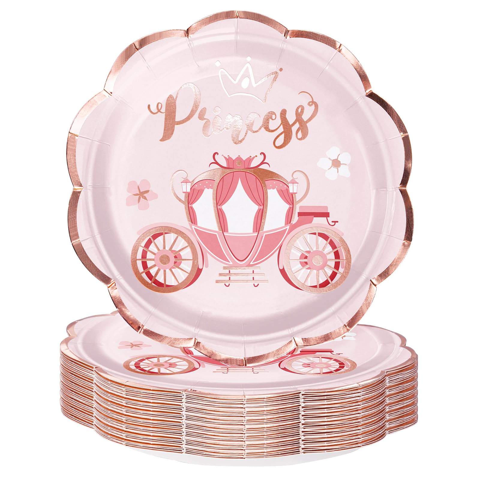 WRAPAHOLIC 25Pcs Princess Paper Plates - 7 Inch Pink Princess Carriage Disposable Plates Decorative Dessert Plates for Party Tableware Supplies Table