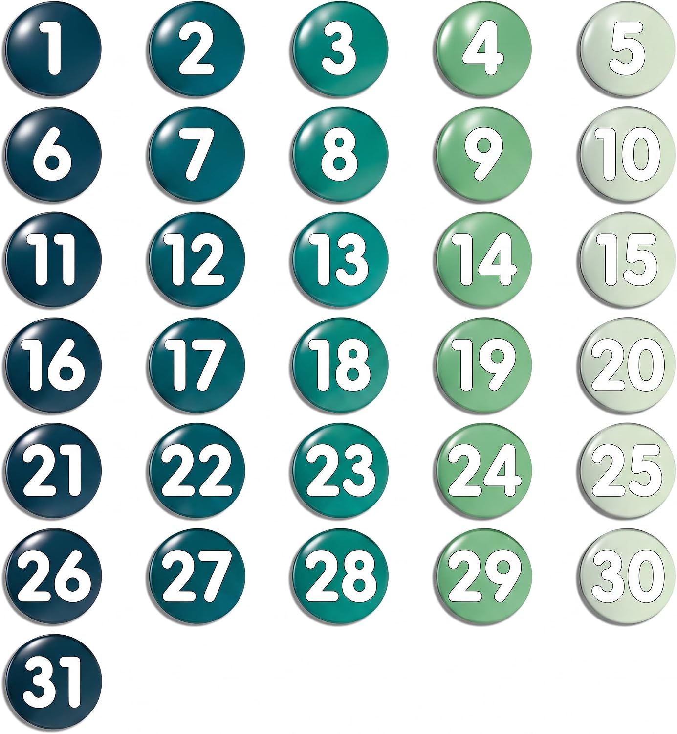 1-31 Magnetic Numbers, Green, 1.38", Numbered