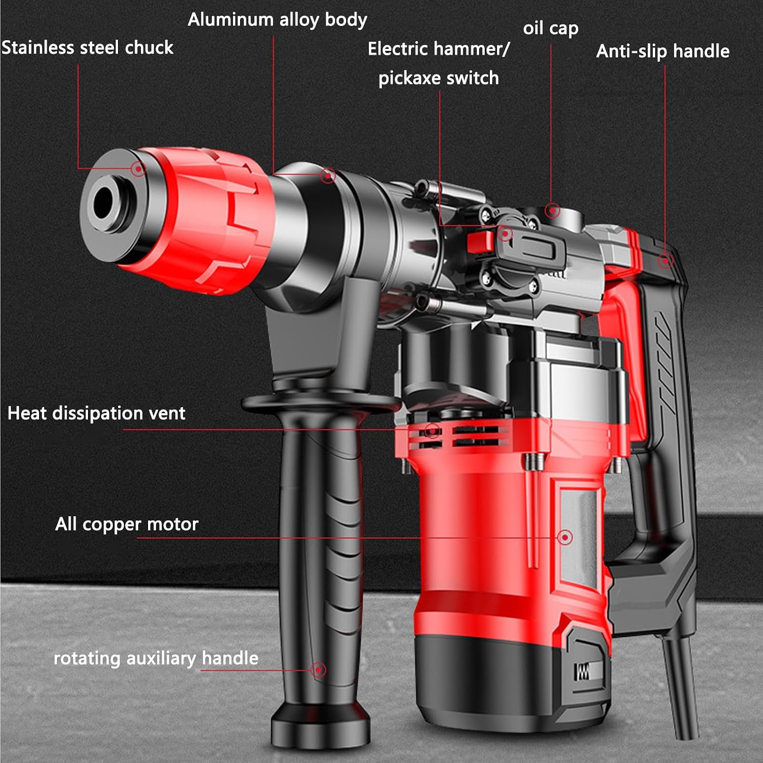 Rotary Hammer Drill Multifunction Heavy Duty Demolition Hammer For Concrete Drilling，Brushless Electric Pick With Drill Bit, Chisel And Carrying Case