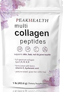 Multi Collagen Peptides Powder, 1 Pounds Collagen Powder- Type I,II,III,V,X with Biotin 10000mcg, Hyaluronic Acid Powder, Vitamin C - Unflavored Collagen Protein Powder - Keto & Paleo, Easy Dissolve